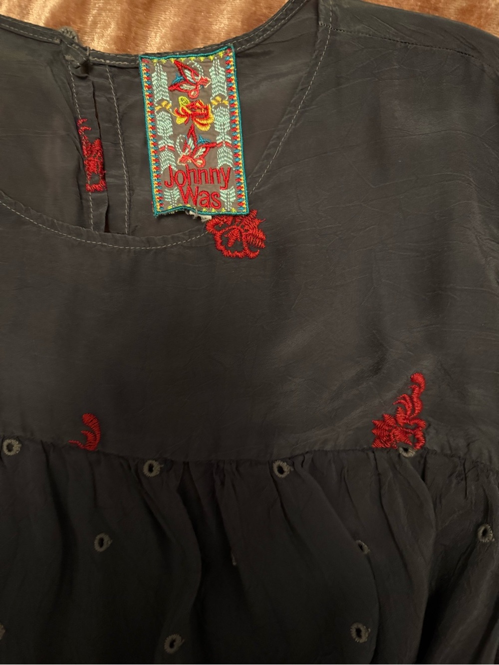 Johnny Was Sheer Charcoal Tunic with Red Embroidery L - Picture 3 of 5